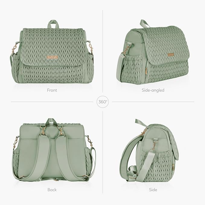 Hannah & Sophia Belle Convertible Baby Diaper Backpack & Bag in Sage Green, Large Size, Dual Sided Water Resistant Changing Mat Included, Detachable Shoulder Straps, Easy To Use | Waterproof Changing Pad, Spacious, Multiple Pockets & Insulated Bottle H... - Image 6
