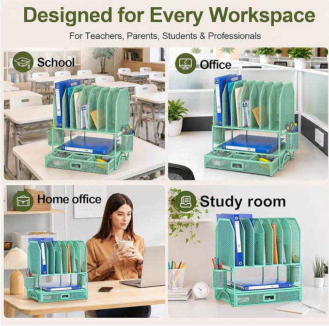 FANXIYQ Metal Desk Organizer with Sliding Drawer, 7-Section File Organizer for Desk, Desktop File Folder & Paper Organizer with 2 Hanging Pen Holders, Office Supplies Organizer, Green - Image 4