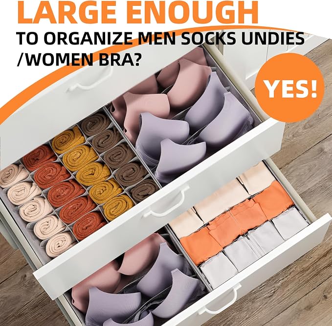 6 Pack Large Drawer Organizer for Sock Underwear - Washable Heavy Duty Fabric Closet Organizers and Storage Bins - 90 Cells Dresser Organizer Divider for Baby Clothes, Ties, Belt (Grey) - Image 3