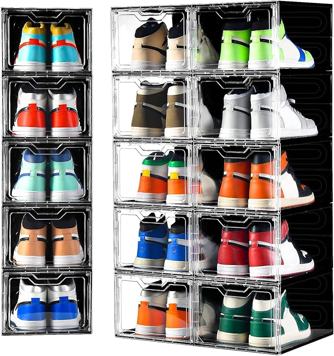 Clemate Upgraded X-Large Shoe Organizer,Shoe Storage Organizer,12 Pack,Shoe Box Clear Plastic Stackable,Drop Front Shoe Box with Clear Door, Shoe Containers For Sneaker Display,Fit up to US Size12 by Clemate