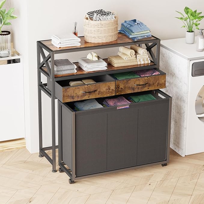 150L Laundry Sorter Hamper 3 Section with 2 Shelves & 2 Drawers | 3 Compartment Clothes Storage Organizer Cart, Pull-Out Removable Oxford Fabric Bags - Image 3