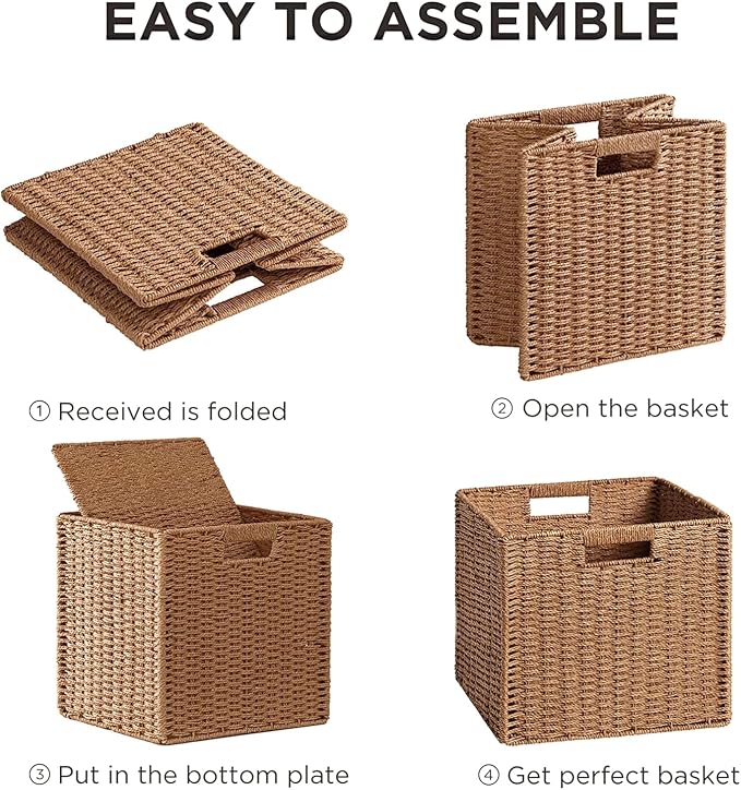 UBBCARE 3 Pack Wicker Basket, 11L×11H×10.5W inch Woven Paper Rope Storage Baskets for Shelves, Foldable Cube Storage bin with Handle, Storage Basket for Organizing & Decor,Caramel - Image 8