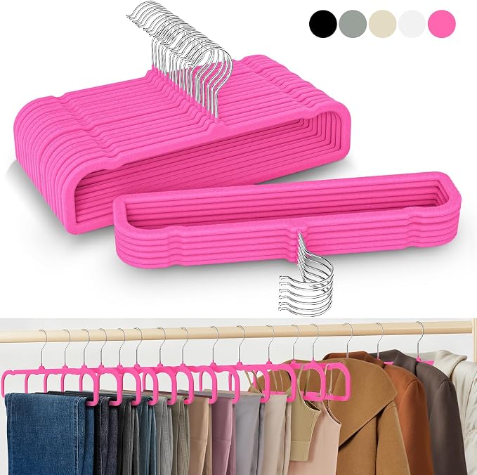 50 Pack Velvet Hangers Non Slip, Felt Pants Hangers Thin Space Saving | Clothes Hanger Flocked Strong Durable Ganchos Para Colgar Ropa with 360°Swivel Hook for Pants Jeans Shorts Tank Top Rose Red - Image 2