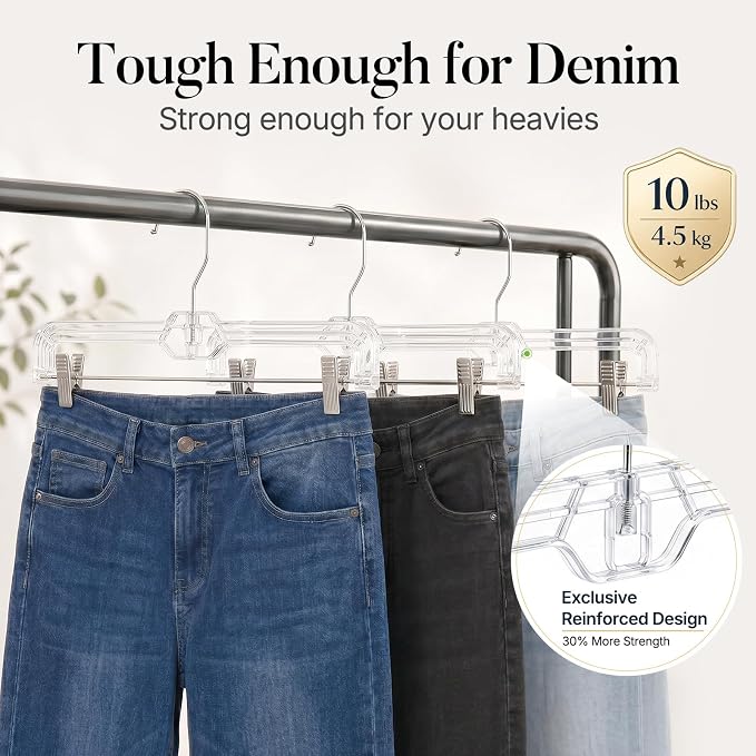 HOUSE DAY Clear Pants Hangers with Clips 12 Pack, Plastic Skirt Hangers for Women, 14 Inch Clip Hanger for Pants, Skirts, Jeans, Shorts, Legging, with 360-degree Swivel Hook, 2 Adjustable Clips - Image 4