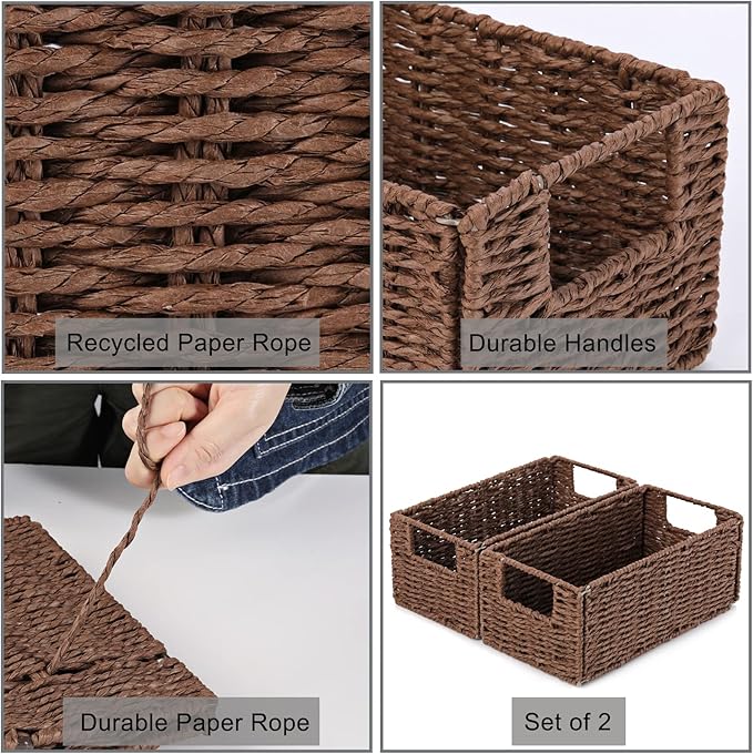 Wicker Storage Basket, Set of 2 Hand-Woven Paper Rope Wicker Basket, Small Storage Baskets for Organizing Toilet Paper Basket, Foldable Large Cube Storage Organizer Bins for Shelves (Brown) - Image 5