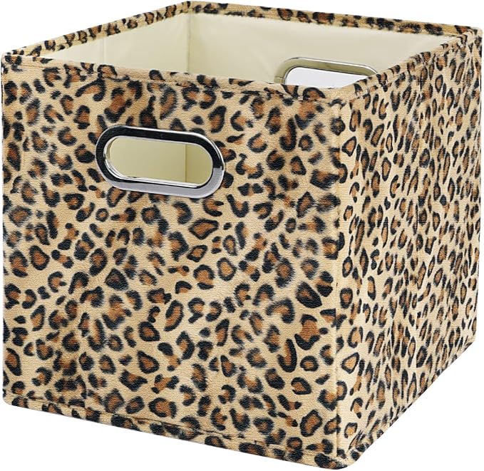 ANMINY Leopard Cheetah Print Storage Cubes Bins, Velvet, Brown, 11Inch 1PCS | Collapsible & Washable, PP Board Frame, Built-in Metal Handles, Animal Themed Fabric Cubes Baskets for Closet Shelves Decor by ANMINY