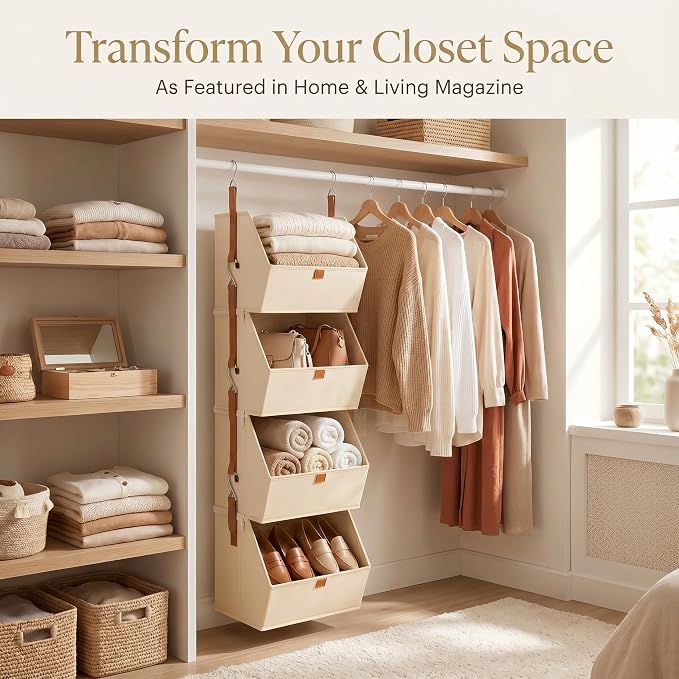 8-Tier Beige Detachable Hanging Closet Organizer 2 Pack Fabric Shelves | Heavy-duty reinforced rods prevent sagging, even with bulky items - Image 4