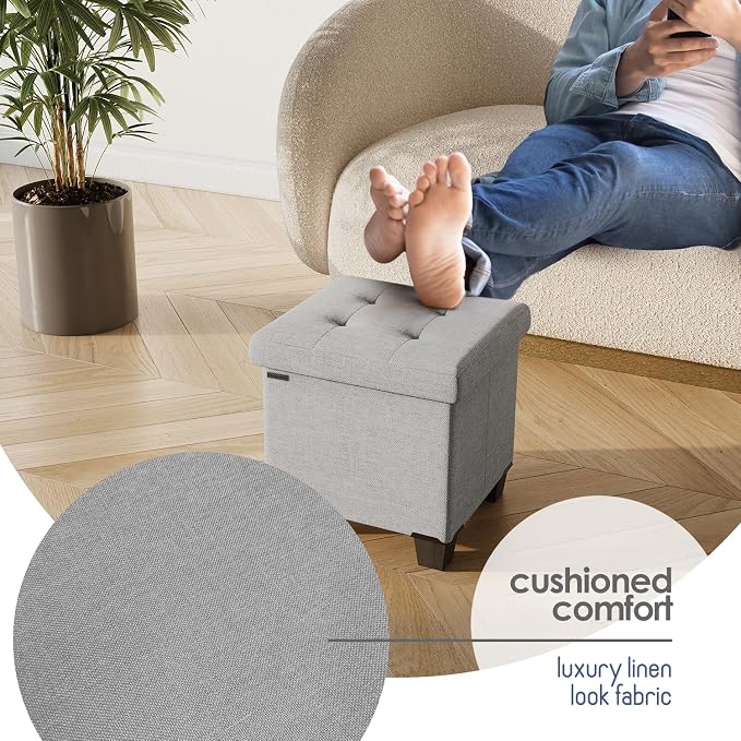 Storage Ottoman Cube with Small Bin, 15-in Square Ottoman with Storage for Living Room and Bedroom, Small Ottomans Foot Rest, Fabric Foot Stools Ottomans Max 330lbs, Light Grey - Image 7