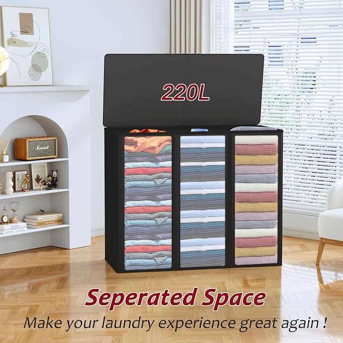 220L Laundry Hamper 3 Section,Large Laundry Hamper with Lid,Dirty Clothes Hamper with 3 Inner Bags,Collapsible Laundry Basket Organizer for Laundry Room,Bedroom,Laundry Sorter Hamper 3 Compartment - Image 4