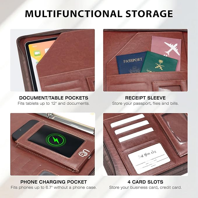 Ospelelf Zippered Padfolio Organizer, Faux Leather 3 Ring Binder with Clipboard, Letter Size Business Portfolio with Notepad, Tablet Sleeve & Phone Pockets for Office Work Brown - Image 4