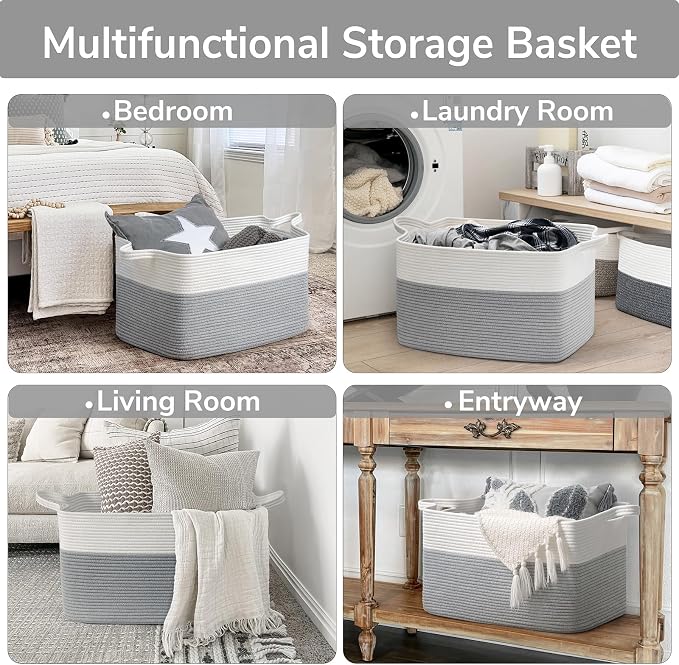 Goodpick Large Woven Rope Blanket Basket, Rectangle, White Gray | 21.6'' x 14.9'' x 11.8'' Storage Basket for Toys, Blankets & Clothes, Nursery & Bedroom Organization, Reinforced Handles - Image 4