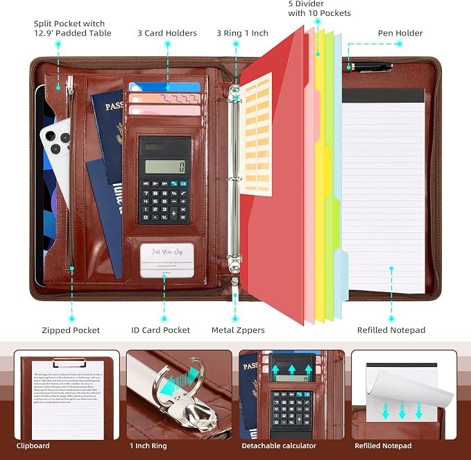 Ospelelf 3 Ring Binder Portfolio Folder with Zipper- Leather Padfolio with Clipboard Storage- Calculator, 12.1” Tablet Sleeve, 5 Dividers with Pocket, Refillable Notepad, Card Slot (Red Brown) - Image 3