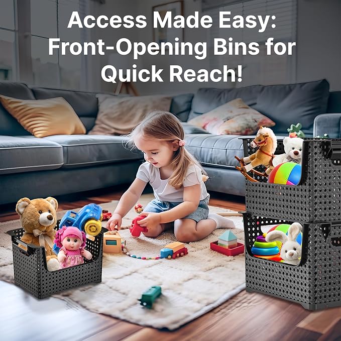 Large Stackable Storage Bins Open Front for Pantry Storage, 4 Pack - Black | Sturdy Plastic, Easy Stacking, Open Front Access, Ventilated Sides, Vertical & Space Saving Pantry Organizers and Storage Bin - Image 6