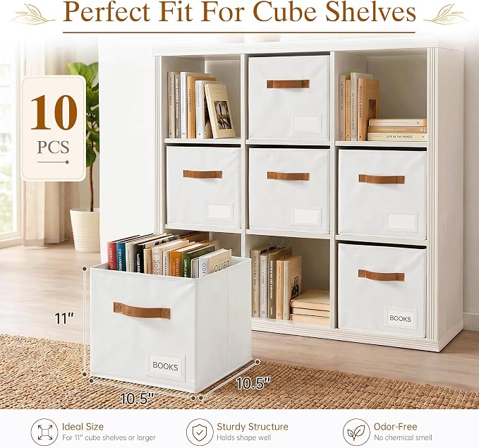 Storage Cubes 10 Pack, 11 Inch Fabric Storage Cubes Organizer Bins with Labels, Odor-Free & Sturdy PP Structure, Cubby Baskets for Closet, Shelves, Toys & Nursery (White) - Image 2