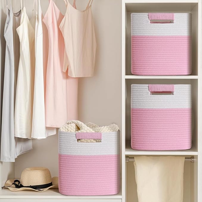 13 Inch Storage Cubes, 3 Pack Cube Storage Bins for Organizing, Cotton Rope Woven Baskets for Shelves, Bathroom, Kids Room, Closets, Baby Nursery - Image 6