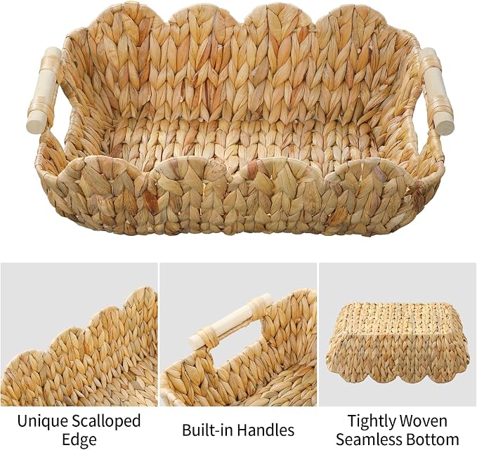 Coeusy Gift Basket, Cute Wicker Basket for Gifts, Scalloped Woven Water Hyacinth Storage Basket with Wooden Handles for Snack, Display, Shelves, 2 Pack - Image 9
