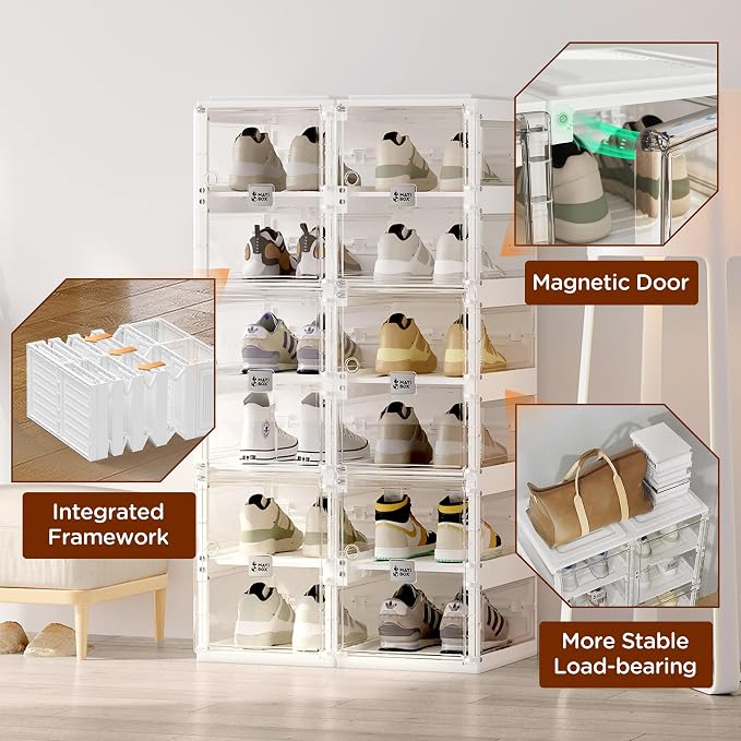 ANTBOX Foldable Shoe Rack,Shoe Organizers for Closet Plastic Shoe Storage Box Space Saving For Entryway, Large Sturdy Stackable Sneaker Cabinet Bins With Magnetic Clear Door 4 Tiers 8 Pairs - Image 4