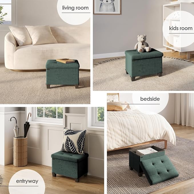 Storage Ottoman Cube with Small Bin, 16-in Square Ottoman with Storage for Living Room and Bedroom, Small Ottomans Foot Rest, Velvet Foot Stools Ottomans Max 330lbs, Green - Image 4