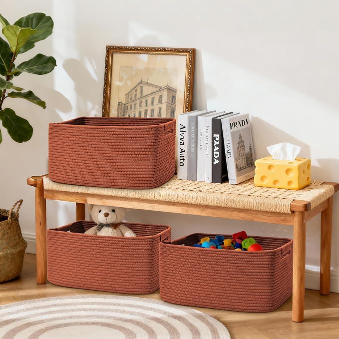 4 Pack Large Storage Basket for Organizing, 17.5"x13"x7" Woven Basket for Shelves, Closet Cube Storage Bins with Wrapped Handle, Cotton Rope Baskets for Kitchen, Clothes, Toys(Oxide Red) - Image 7