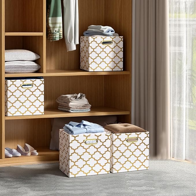 Posprica 11x11x11 Storage Cube Bins, Collapsible Storage Bins Fabric Storage Cubes Organizer Baskets Box Drawers for Shelves, Closet, Wardrobe, Bookshelf, Cabinet, Cream/Gold Lantern, 4 Pack - Image 7