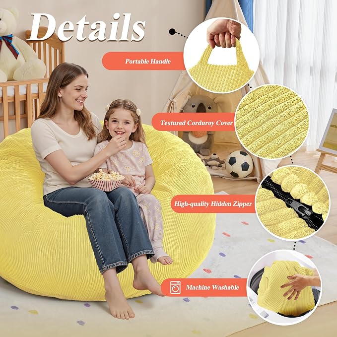 4FT Bean Bag Chair for Adults,Large Teardrop Beanbag with Filler | Beanbag Chair with Memory Foam Filled,Bean Bags with Handy Handle&Machine Washable Cover for Living Room,Bedroom-Yellow - Image 5