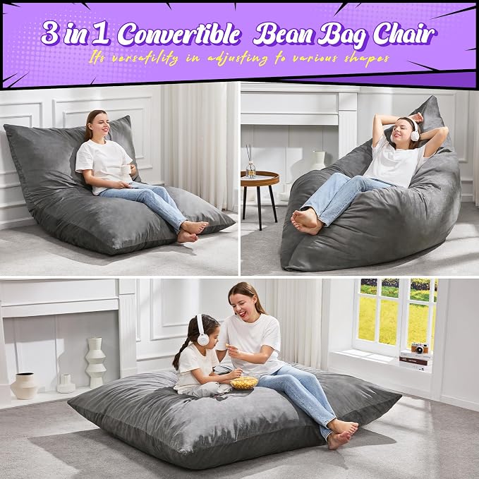 Hobestluk Adult Bean Bag Chair 3 in 1 Convertible Large Bean Bag Sofa | Velvet Grey,Machine Washable,Removable Cover,Easy Convert And Install, Oversied Floor Bed,For Livingroom Bedroom - Image 4
