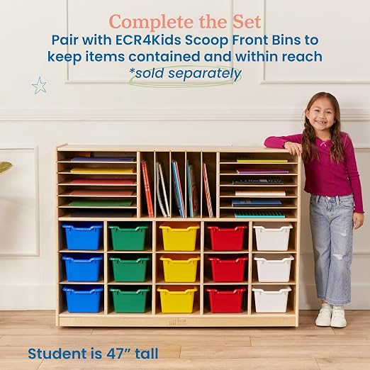ECR4Kids Multi-Section Mobile Tray Cabinet with Cubby Storage Compartments, Kids Furniture, Natural, 48"D x 13"W x 36"H - Image 5