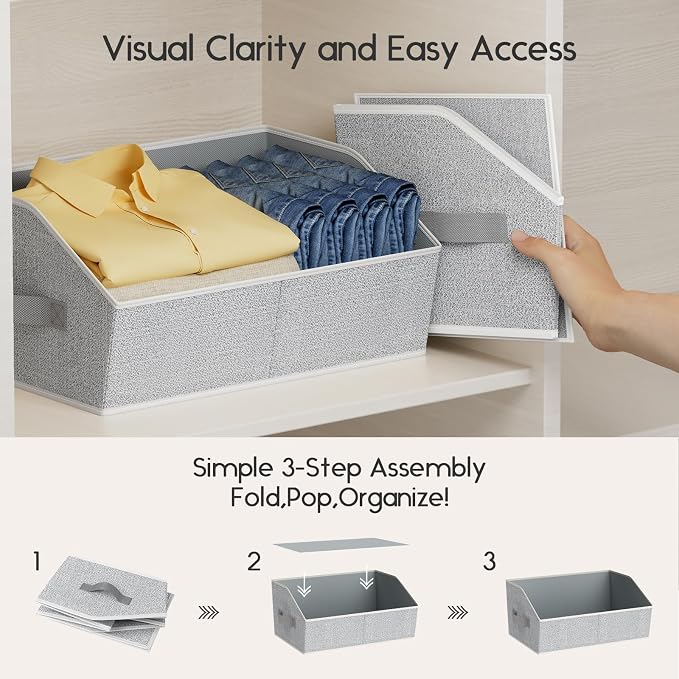 Large Closet Organizers and Storage Bins - 8 Pack Trapezoid Storage Baskets for Shelves, Foldable Fabric Baskets with Handles Ideal for Closet, Basket, Wardrobe and Shelf Storage, Light Grey - Image 4