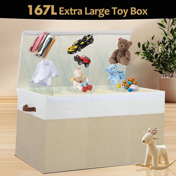 Extra Large Toy Storage Box with Lid,Toy Chest Bin Basket with Dividers | Sturdy Toy Organizer Bin for Kids, Boys, Girls, Nursery, Closet, Bedroom, Playroom 35.5"x17" x17" (Beige and White) - Image 2