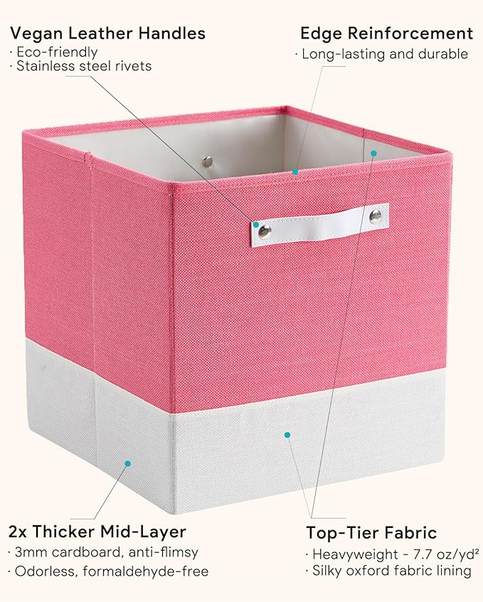 Cube Storage Bins | 13"x15"x13", Macaron & White, 4 Pack | Multi-Size | 2X Thick Support Board | Vegan Leather Handles | 7.7 oz/yd² Fabric | Drawer Insert Basket Fits KALLAX - Image 3