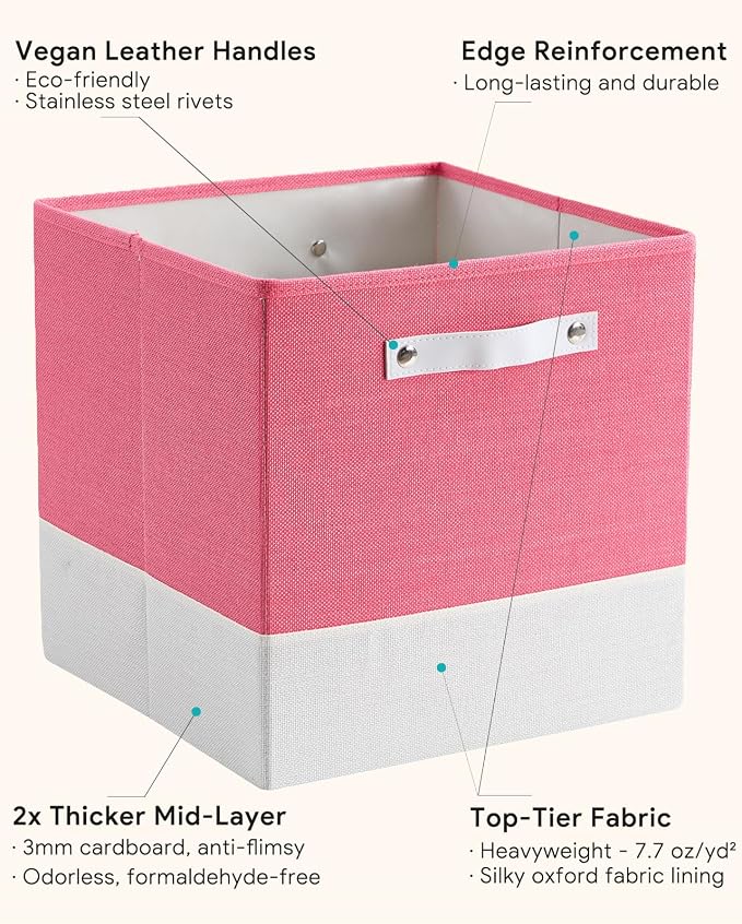 Cube Storage Bins | 13"x13"x13", Macaron & White, 6 Pack | Multi-Size | 2X Thick Support Board | Vegan Leather Handles | 7.7 oz/yd² Fabric | 13"x13" Drawer Insert Basket - Image 5