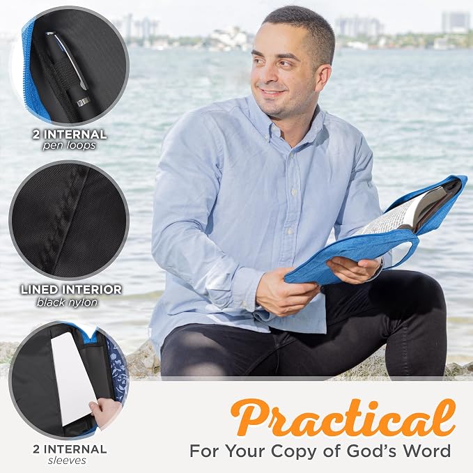 Christian Art Gifts Polyester Bible Cover for Men & Women w/Jesus Fish Patch, Zipper Pocket, Pen Loops, Easy Carry Book Case for Stationery, Accessories, Light Blue, Small - Image 4