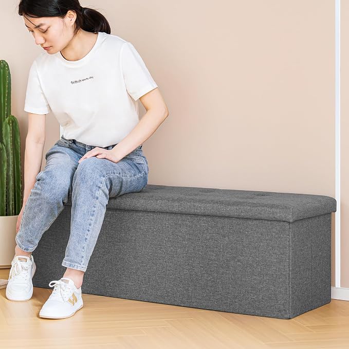 PINPLUS Folding Storage Ottoman Bench, Grey Linen Long Ottoman Chest Foot Rest Stool with Padded Seat, Chest with Cover, Bedroom Bench with Storage, 43.3inches - Image 2