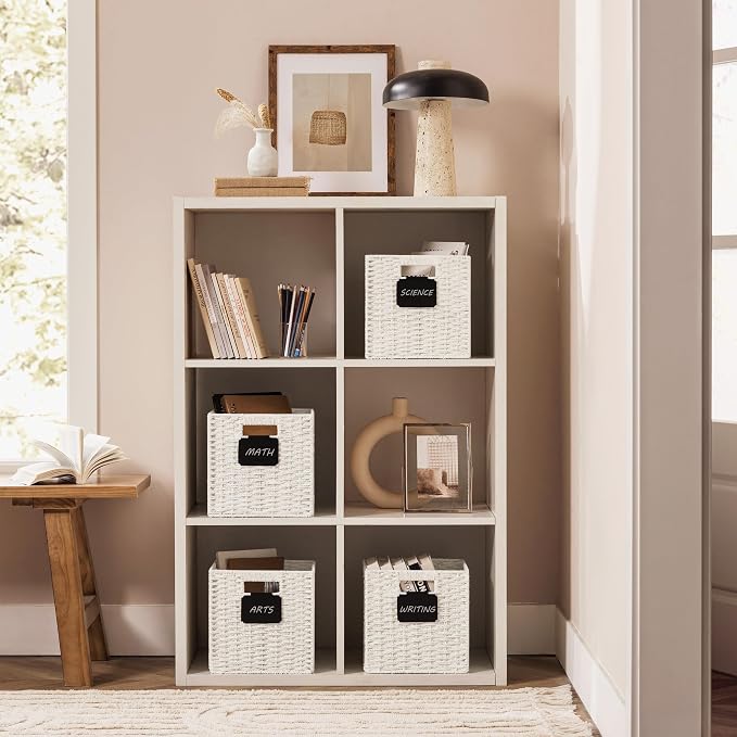 UBBCARE 4 Pack Small Wicker Basket, 9×9 Storage Cubes with Label, Foldable Cube Storage Bin with Handle, Square Storage Basket for Shelves, Woven Paper Rope Basket for Organizing, White - Image 5