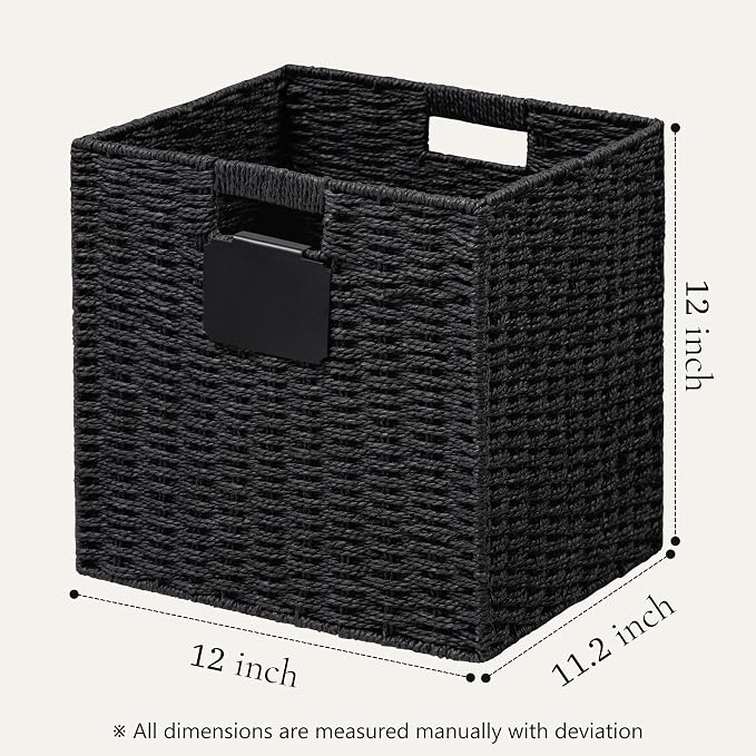 UBBCARE 2 Pack Wicker Basket, 12×12 Storage Cubes with Label, Foldable Cube Storage Bin with Handle, Square Storage Basket for Shelves, Woven Paper Rope Basket for Organizing, Black - Image 2