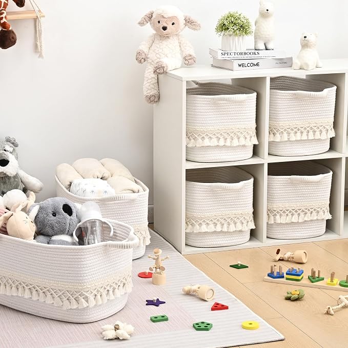 2 Pack Storage Basket for Shelves, Boho Cotton Rope Storage Bins with Heavy Tassel, Shelf Baskets Large Woven Baskets for Organizing, Cube Organizer Bins, Baby Laundry Basket for Clothes, Toys, Pets - Image 3