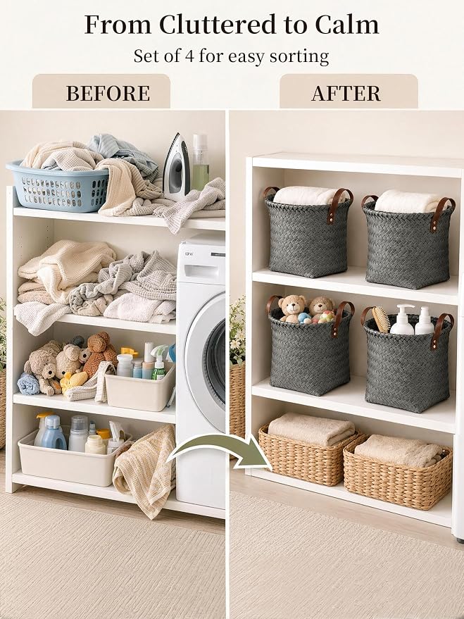 Wicker Storage Baskets, 4 Pack Woven Baskets for Shelves, Grey | PP Rattan, Water-resistant Wicker Basket, Large Baskets with Faux Leather Handles for Blanket, Laundry Organizer, Room Decor - Image 6