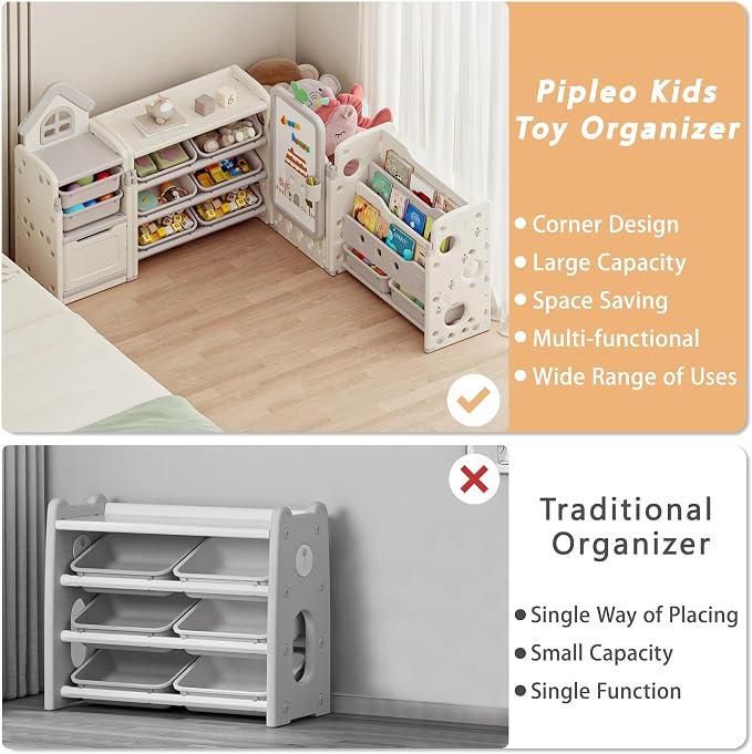 Kids Toy Storage Organizer with 10 Removable Bins, Foldable Toy Organizers and Storage with 3-Tier Bookshelf for Kids Toy Storage Organizer with Drawing Board, Extra 3 Brushes (3 In 1 Off-white) - Image 6