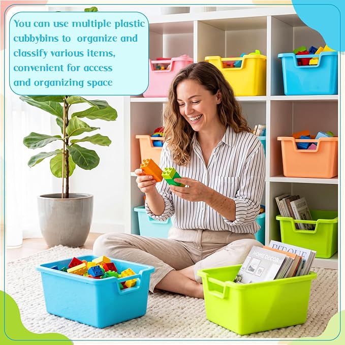 Thyle 12 Pieces Plastic Cubby Bins with Labels 11.6 x 7.7 x 5 Inch Classroom Book Bins Stacking Storage Container Organizer Storage Cubbies for Classroom Office (Handle,Light Color) - Image 5
