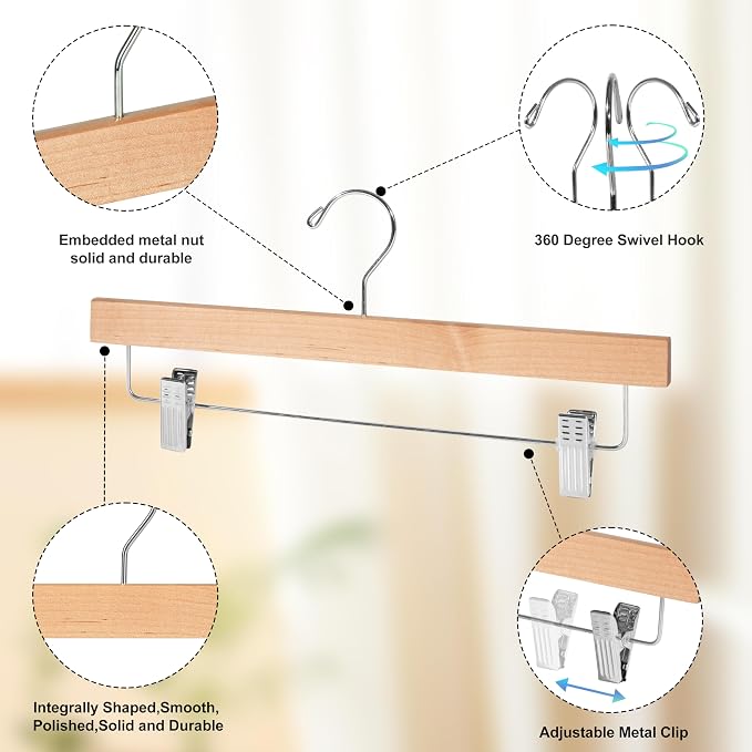 Quality Hangers Wooden Pants Hangers - Multi-Pack Swivel Hook Cloth Hanger Set - Lotus Wood Skirt, Pant, Shorts and Slack Hangers with Adjustable Clip – Clothing Hanger Set (Natural, 120) - Image 2
