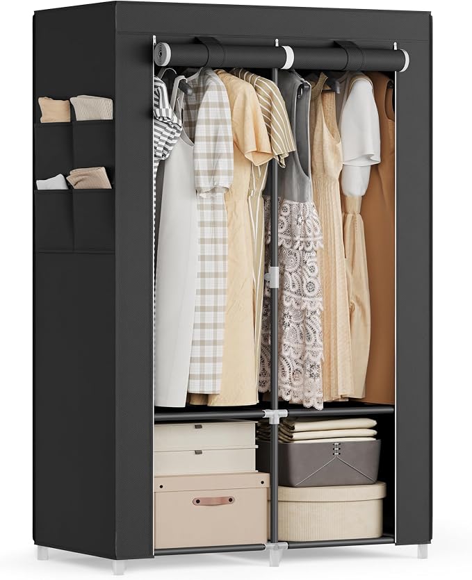 SONGMICS Portable Closet with Cover, 2 Hanging Rods and Shelves | Wardrobe Closet Organizer, 4 Side Pockets, 33.9 x 17.7 x 65.7 Inches, Black, RYLAN Collection URYG091B01 by Unknown