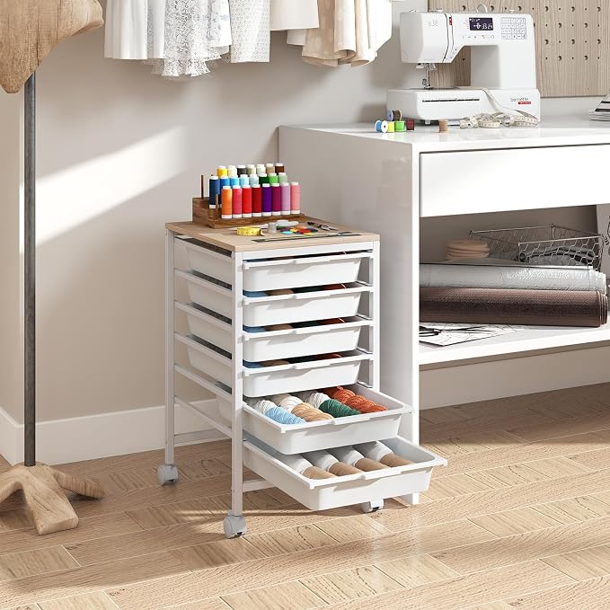 Giantex Rolling Storage Cart with 6 Drawers, Utility Cart w/Wooden Tabletop, Lockable Wheels, Multipurpose Organizer for Art Craft Books Paper, Drawer Carts for Dorm Classroom Office, White - Image 8