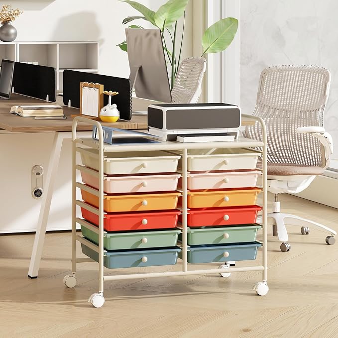 RELAX4LIFE 12-Drawer Rolling Storage Cart - Mobile Utility Cart on Wheels for School Classroom Teacher Office Salon, Paper File Art Supply Craft Organizer, Rolling Cart with Drawers (Macaron) - Image 2