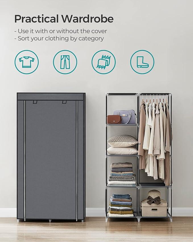 SONGMICS Portable Closet, Fabric Wardrobe, Clothes Rack with Shelves | Large Capacity, 1 Hanging Rod, Pockets, 17.7 x 34.6 x 66.1 Inches, Dove Gray, RYLAN Collection URYG84GY - Image 3