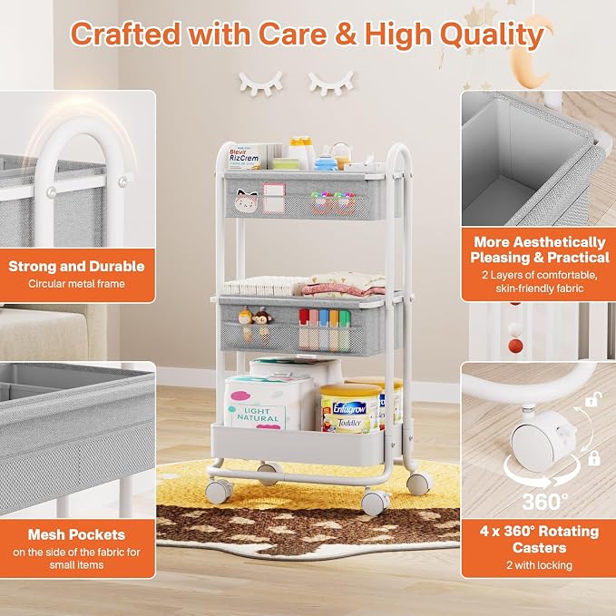 Modanais Baby Diaper Caddy Organizer Cart - 3 Tier Rolling Cart, Light Gray | Lockable Wheels, Baby Essentials Nursery Storage, Detachable Dividers - for Crib, Bedroom, Art & Craft Organizer - Image 3