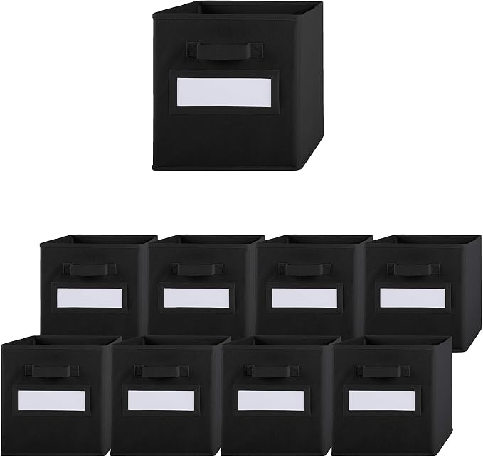 Storage Bins - 9 Pack - Durable Storage Cubes with Label Window | 2 Reinforced Handles | Fabric Cube Baskets for Organizing Closet, Clothes and Toys | Foldable Shelves Organizer (Black) by Pomatree