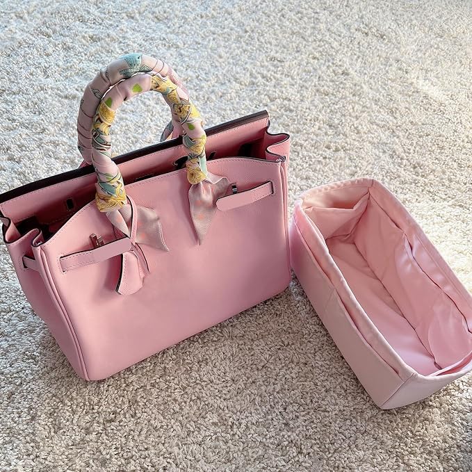 Satin Purse Organizer for Birkin 25, Pink | Retourne Style, Tailored Fit, Multiple Pockets, Lightweight Satin, Ideal for Travel, Shopping, and Daily Use - Image 3