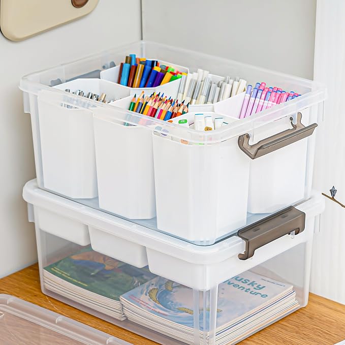 Citylife 17QT 2Packs Clear Craft Organizers and Storage Bins with Lids | Stackable Art Supply Organizer with Tray and 6 Inserts for Markers, Crayons, Pencils, Tools, Playdoh, Coloring Books - Image 7