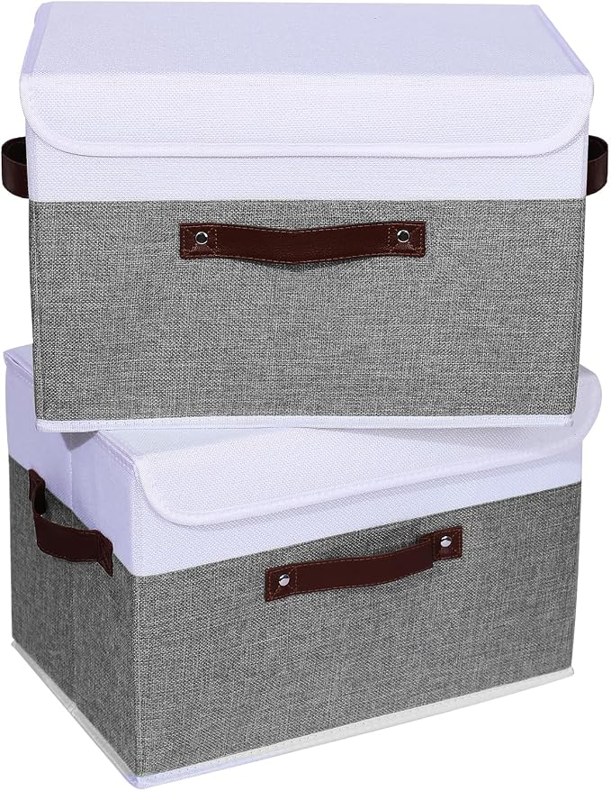 ANMINY Fabric Storage Box Bins with Lids, Gray White, 15"x10"x10", 4 Pack | Keepsake Memory Storage, Cotton Linen, PP Board Reinforced, Washable, PU Handles, Foldable & Stackable, Decorative, Large - Image 8