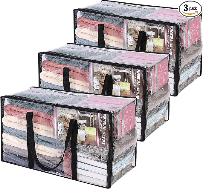 3 Pack Clear Clothes Storage Bags with Zipper 60L | Plastic Storage Bag, Foldable Closet Organizer, For Comforter Blanket Bedding Duvet Toys, Moving Bags by Vieshful